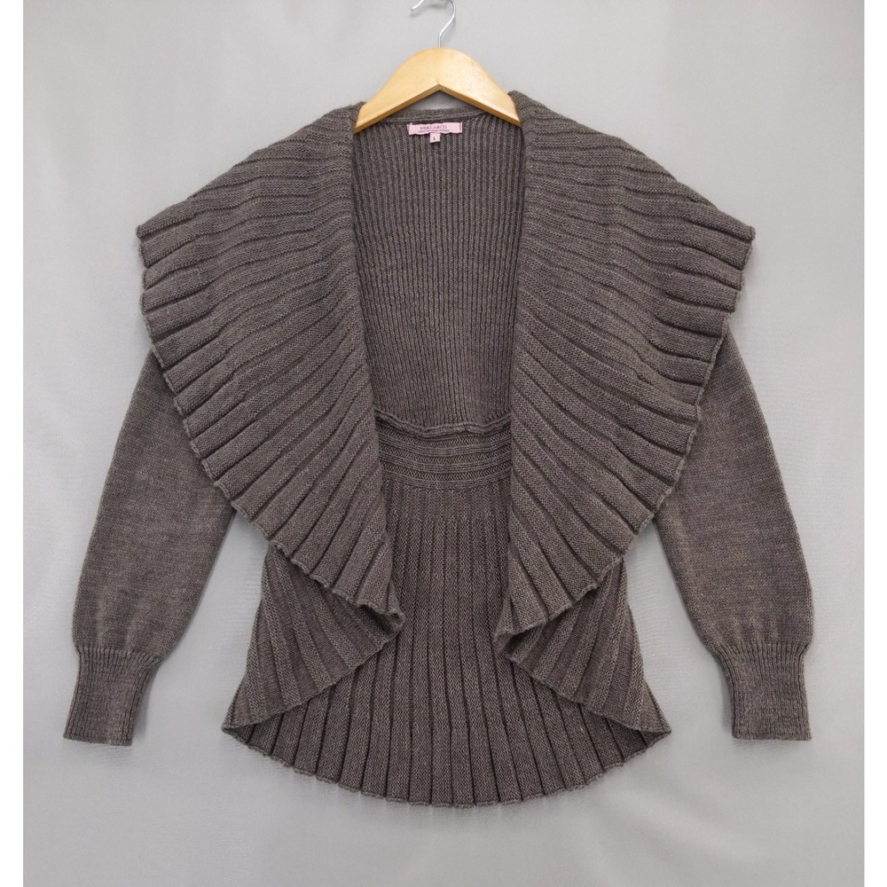 Hekla & Co. Open Front Cardigan Womens L Brown Wool Blend Ruffle Made in Italy